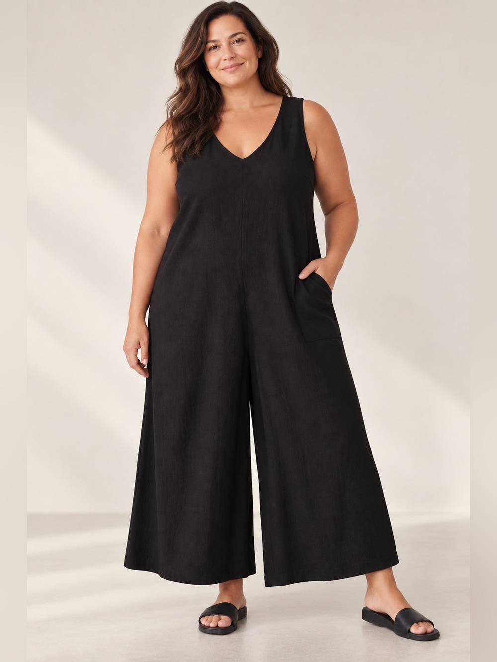Eileen Fisher Black Cotton Stretch Wide Leg Cropped Jumpsuit Size 3X